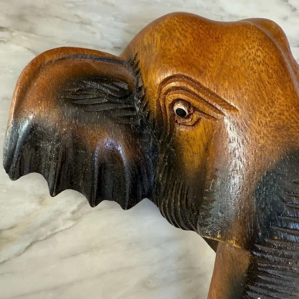 Elephant Head Thai Wood Carving Art Wall Home Decor 8”